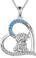 wholesale 925 Sterling Silver Highland Cow in Heart Shape with Blue Crystal Accents Pendant Necklace-0-0