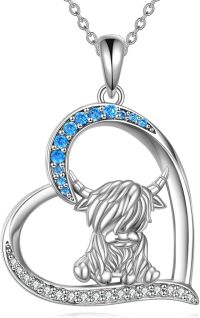 wholesale 925 Sterling Silver Highland Cow in Heart Shape with Blue Crystal Accents Pendant Necklace-A-Highland Cow
