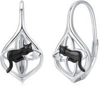 wholesale 925 Sterling Silver Black Cat and Star Design Leverback Earrings for Women & Girls - Vintage Style  Idea-E-Black Cat