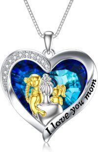 wholesale S925 Sterling Silver & Blue Crystal Heart Necklace for Mom, 2 Daughters - 18 Chains, Hypoallergenic, 14K Gold Plated Gift for Women-Mother and two daughters