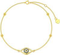 wholesale 14K Gold Evil Eye Charm Bracelet with Blue Stones - Adjustable Size 7-8-Yellow Gold