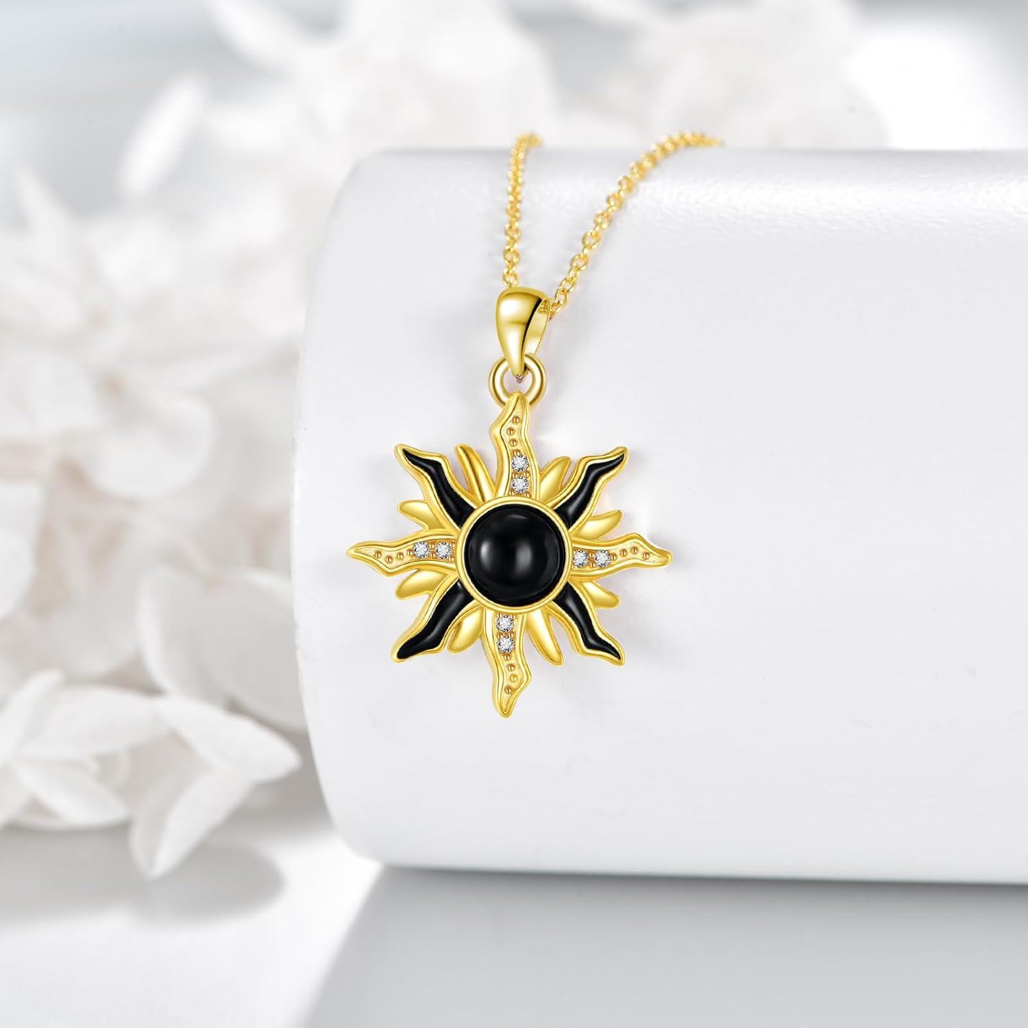 wholesale 925 Sterling Silver Black Onyx and Cubic Zirconia Sun Pendant Necklace for Women's Fashion s-0-4