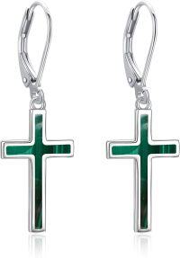 wholesale Sterling Silver Cross Leverback Dangle Drop Earrings for Women Men-malachite cross