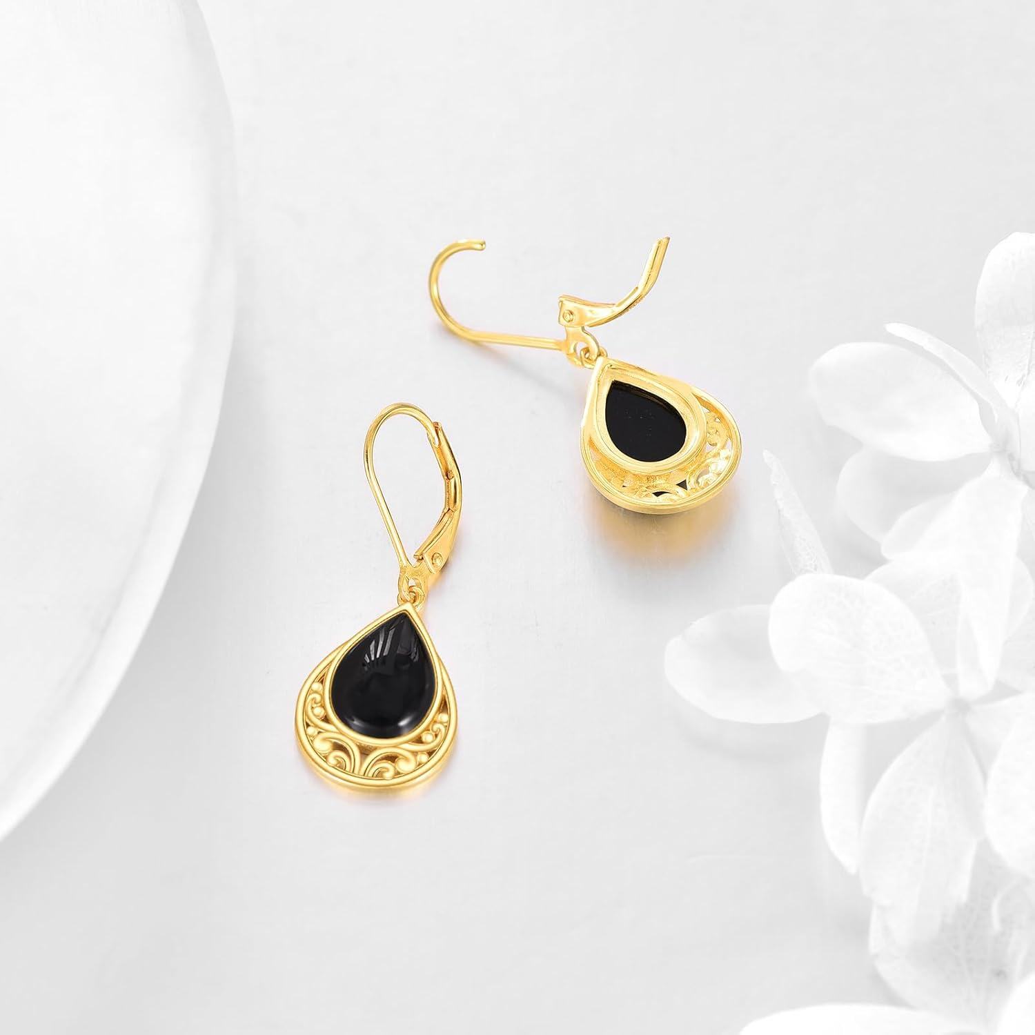 wholesale 925 Sterling Silver Teardrop Black Onyx Filigree Leverback Earrings - Bohemian  for Women-0-3