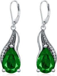 wholesale Sterling Silver Crystal Vintage Teardrop Oxidized Leverback Earrings 14 10mm-Emerald Green