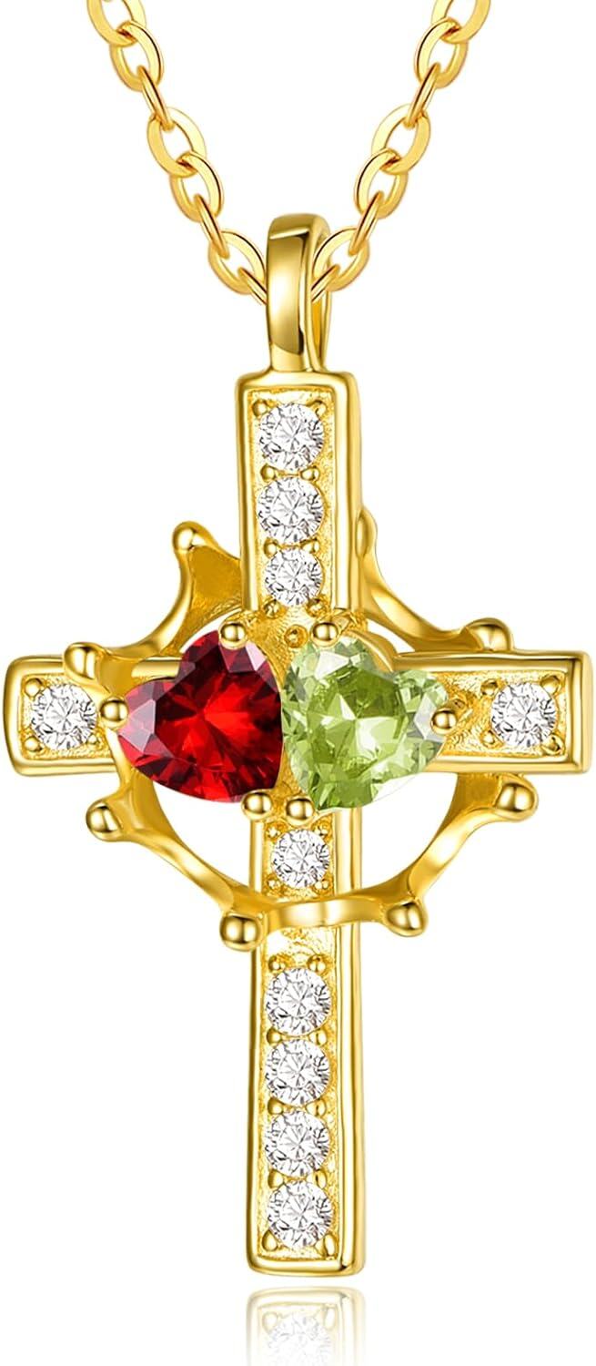 Sterling Silver Birthstones Gold Cross Necklace for Women -01-08-Jan-Aug-01-08-Jan-Aug