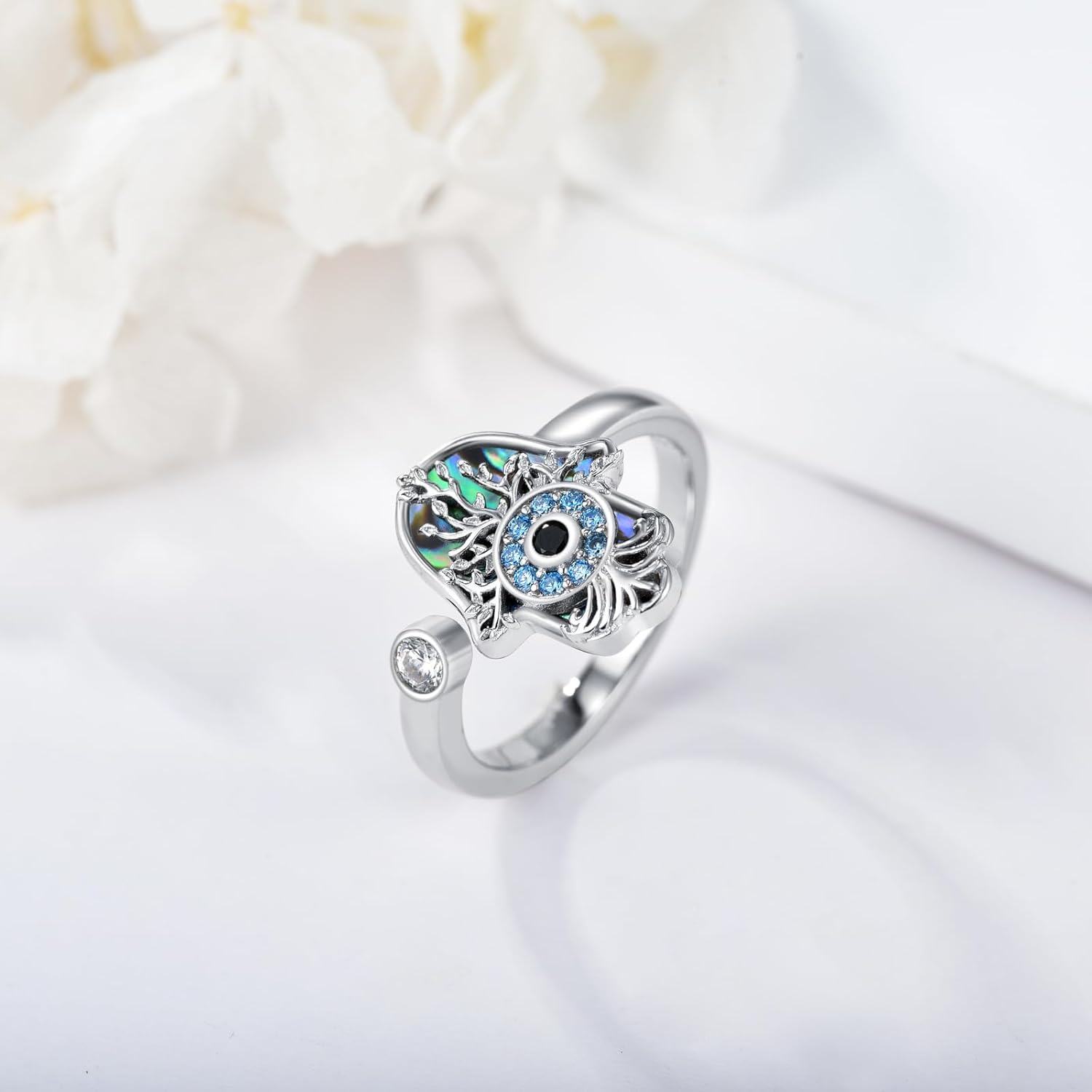 Sterling Silver Hamsa Evil Eye Chakra Adjustable Open Ring-0-1