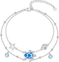 wholesale 925 Sterling Silver Blue Opal Sea Turtle Shell Starfish Charm Bracelet for Women 6-8 Adjustable Length Hypoallergenic Gift Boxed-Double layer Turtle