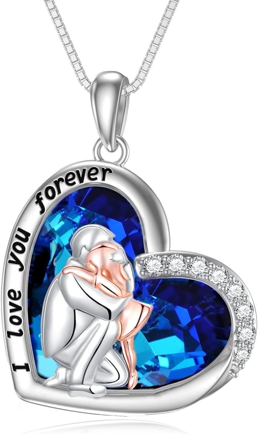 Sterling Silver Sterling Silver Stone Daughter Heart Pendant Necklace from Dad Mom I Love You Forever Jewelry-10-01-Hug-Blue Heart Crystal