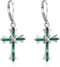 wholesale Sterling Silver Opal Cross Abalone Shell Dangle Drop Leverback Earrings-0-18