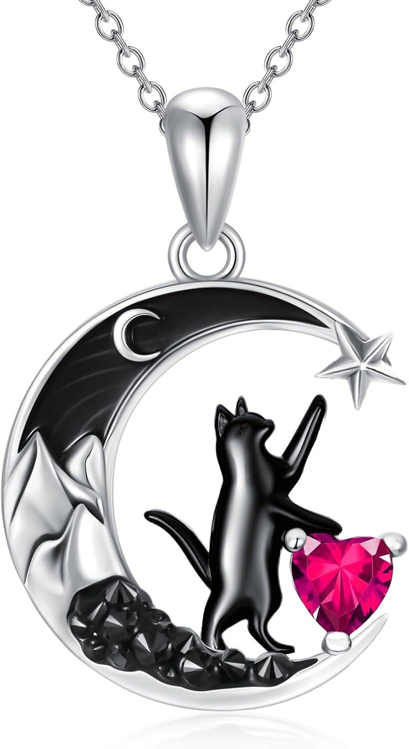 Sterling Silver Black Cat Necklace with Heart Birthstone Crescent Moon Star Pendant Gothic Jewelry Gift for Women Wife Cat Lover-07-Jul-Ruby