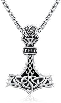 wholesale Sterling Silver Viking Necklace with Mjolnir Yggdrasil Wolf Deer Raven Dragon Pendant Norse Jewelry Gifts-A04 - Thors Hammer (Black Onyx)