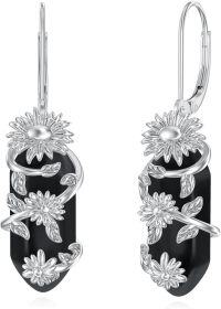 wholesale 925 Sterling Silver Obsidian Sunflower Chakra Earrings for Healing & Luck, 25x11mm-Obsidian