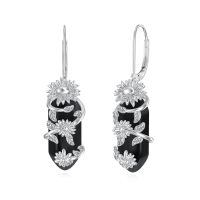 wholesale 925 Sterling Silver Daisy Flower Earrings Wholesale Black Obsidian Drop Design-Obsidian
