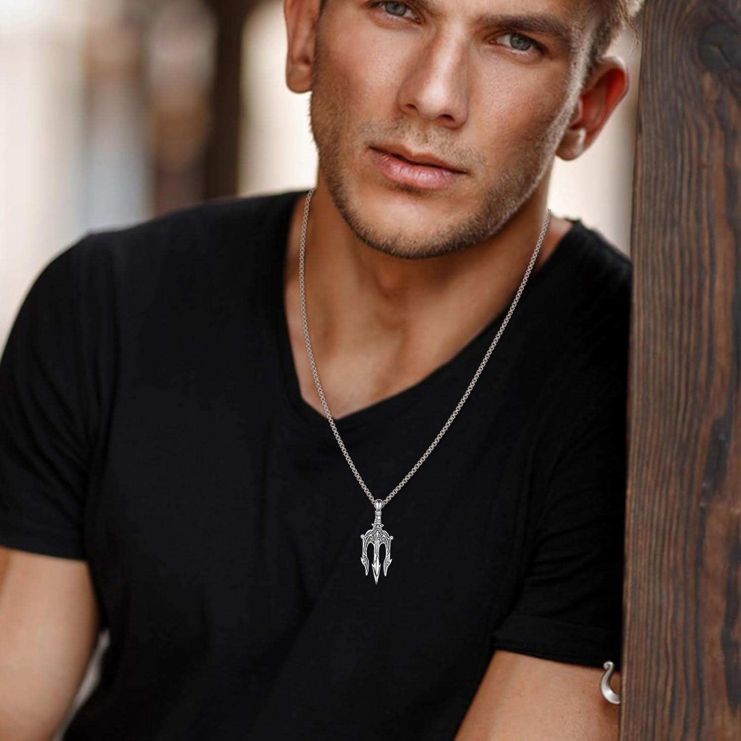 wholesale 925 Sterling Silver Trident Necklace for Men - Vintage Style Pendant with Lion Head Design and Chain Gift Set with Stainless Steel Chain-0-4