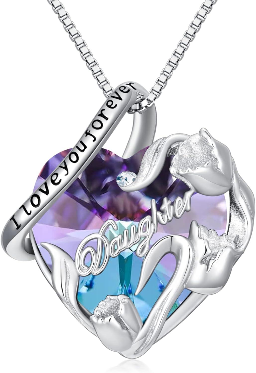 Sterling Silver Sterling Silver Stone Daughter Heart Pendant Necklace from Dad Mom I Love You Forever Jewelry-12-06-June-Light Purple