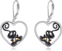 wholesale 925 Sterling Silver Heart-Shaped Black Cat Drop Earrings with Leverback Closure - Cute Animal Jewelry for Women and Girls-Heart