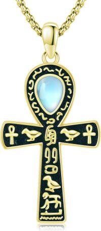 wholesale Gold 925 Sterling Silver Ankh Necklace with Moonstone and Turquoise Agate Egyptian Cross Pendant-Thick Chain-G.M.