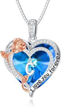 wholesale Sterling Silver Crystal Rose Heart Initial Necklace for Women-C