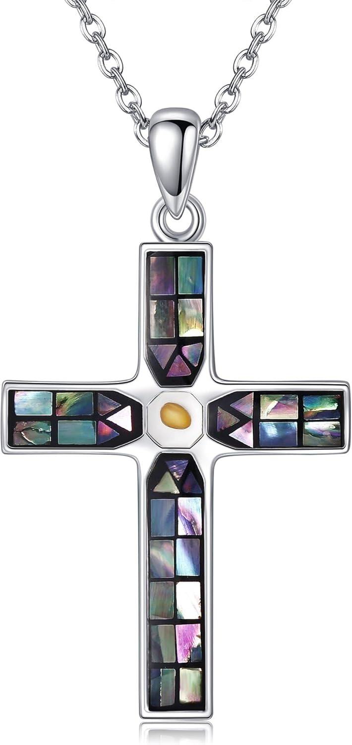 Sterling Silver Opal Cross Necklace Rose Opal Stethoscope Pendant Celtic Faith Jewelry for Women-0-1