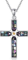 wholesale 925 Sterling Silver Rainbow Opal Cross with Rose Gold Plated Flower Pendant Necklaces for Women Celtic Faith -0-1