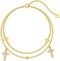 wholesale 14K Gold Beaded Cross Charm Ankle Anklet with Heart Pendant - 8 + 2 Inches Long-Style 2-Layered Cross Anklet