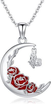 wholesale 925 Sterling Silver Crescent Moon Red Enamel Roses Butterfly Charm Pendant Necklace-Rose Necklace