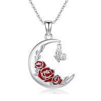 wholesale 925 Sterling Silver Crescent Moon Red Enamel Roses Butterfly Charm Pendant Necklace-Rose Necklace