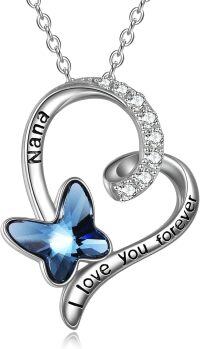 wholesale 925 Sterling Silver Nana I Love You Forever Blue Butterfly Crystal Heart Pendant Necklace-silver-Nana