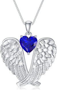 wholesale 925 Sterling Silver Birthstone Angel Wings Pendant Necklace for Women Christmas Gift-9-Sep-Sapphire