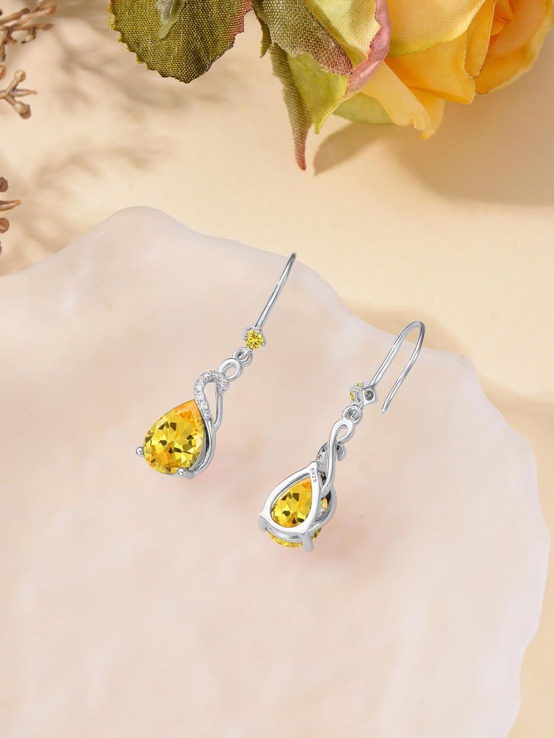 wholesale Sterling Silver Citrine Teardrop Dangle Earrings, November Birthstone Jewelry for Women, 22x8mm Gift for Mom, Wedding, Party-0-4