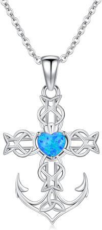 wholesale 925 Sterling Silver Celtic Cross with Blue Opal Heart and Anchor Design Pendant Necklace for Women - Nautical Ocean s-Anchor