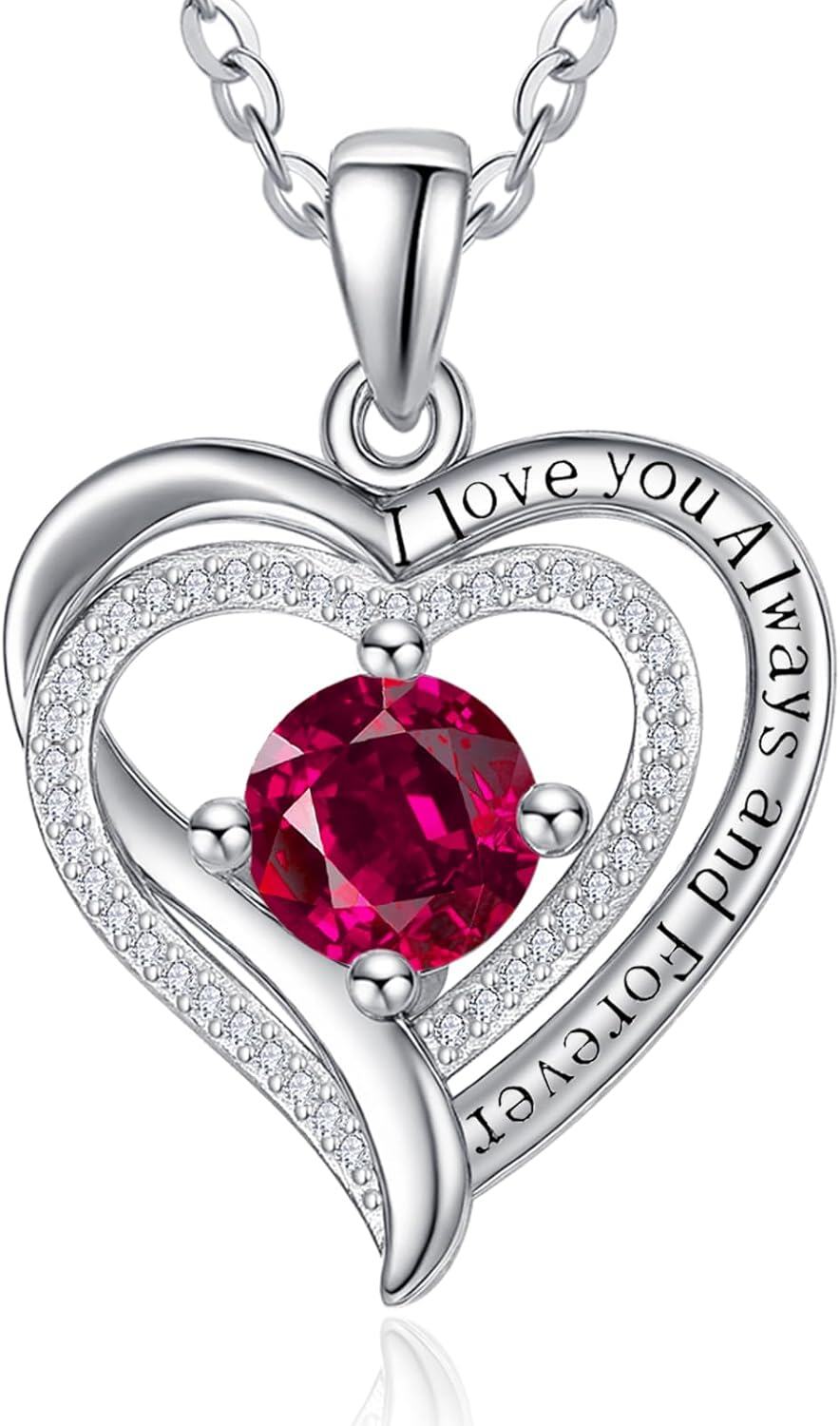 Sterling Silver White Gold Heart Pendant Necklace w Birthstone for Women-07-July