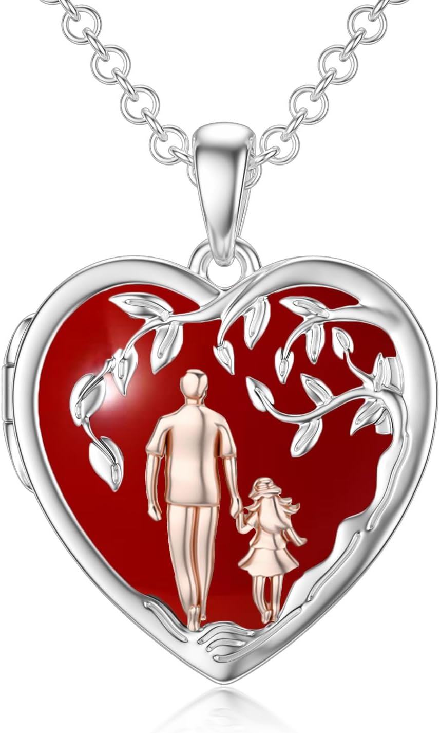 Sterling Silver Abalone Shell Daughter Locket Necklace Gift from Mom Dad-02-06-Father Daughter Locket-Red Agate-02-06-Father Daughter Locket-Red Agate+ Photo
