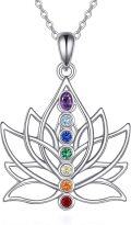 wholesale 925 Sterling Silver 6-Color Stone Chakra Lotus Flower Pendant Necklace for Women-0-0