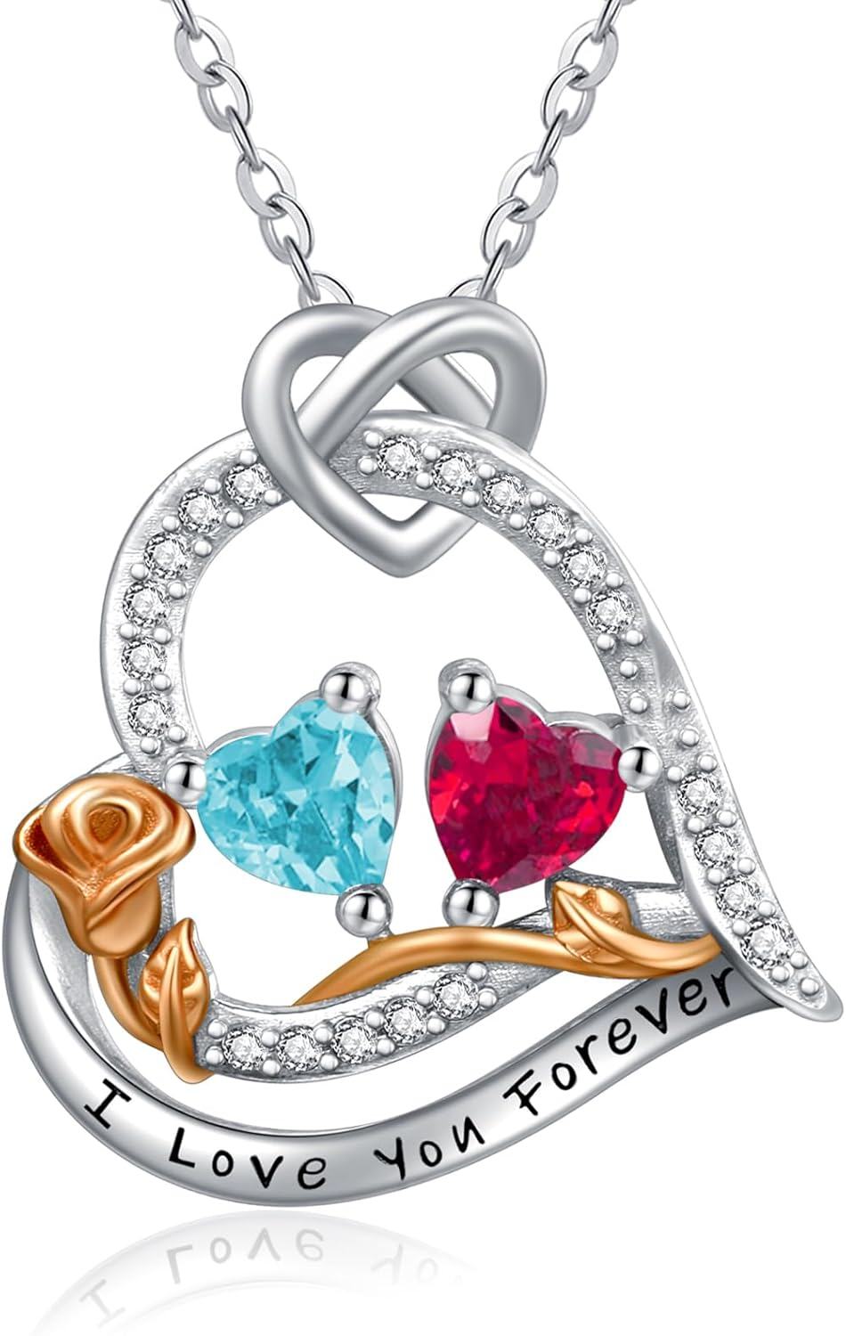  Sterling Silver 2 Birthstones Rose Heart Necklace for Women -03-07-Mar-Jul