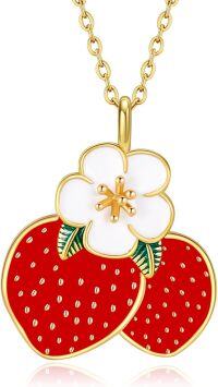 wholesale 925 Sterling Silver Red Strawberry Pendant Necklace with White Flower and Green Leaves-Strawberry