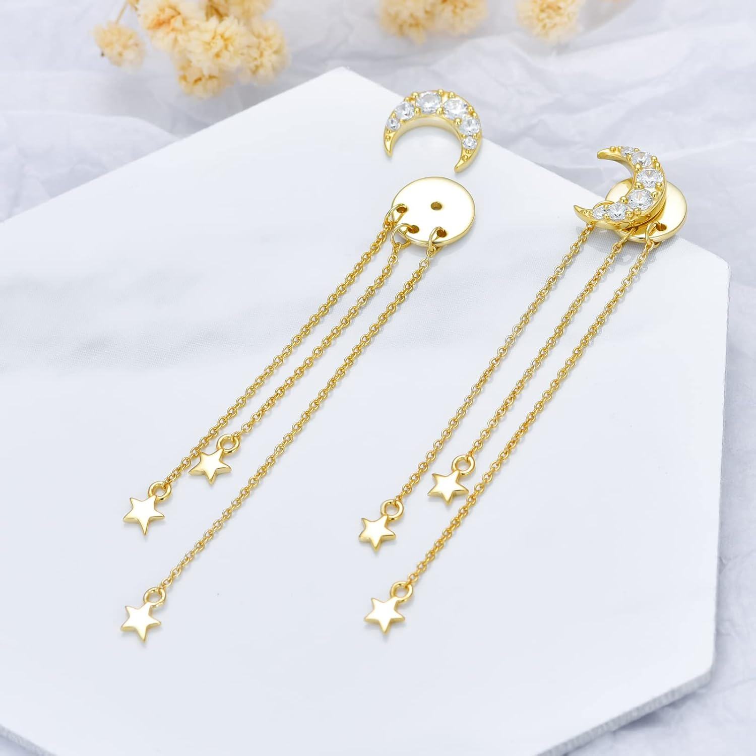 925 Sterling Silver Crescent Moon & Stars Chain Drop Stud Earrings for Women Girls Gift Set-0-2