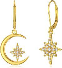wholesale 14K Gold Star and Crescent Moon Drop Earrings Leverback s for Women-Moon Star Leverback Earrings