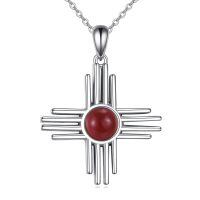 wholesale 925 Sterling Silver Sunburst Cross Pendant Necklace Red Coral Stone Platinum Plated-Carnelian
