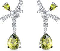 wholesale 925 Sterling Silver Olive Green Zircon Butterfly Bow Earrings for Women-Bow-Olive Green
