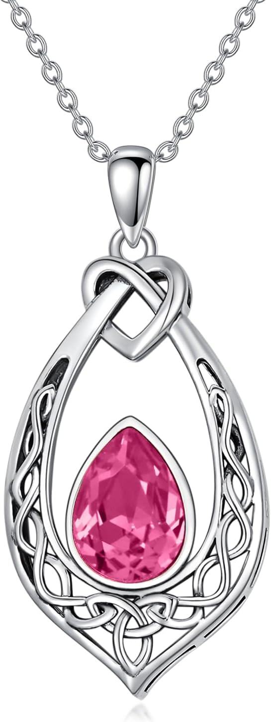 Sterling Silver Simulated Birthstone Celtic Knot Necklace Oxidized Vintage Love Knot Pendant Women s Jewelry Gift-Pink
