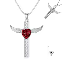 TOUPOP Sterling Silver Garnet Wing Cross Memorial Urn Pendant-undefined