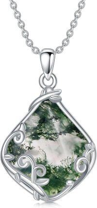 wholesale Sterling Silver Natural Gemstone Filigree Teardrop Pendant Necklace for Mom-Moss Agate