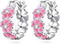 wholesale 925 Sterling Silver Pink Enamel Floral Huggie Hoop Earrings with CZ Stones and Filigree Design-0-0