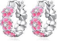 wholesale 925 Sterling Silver Pink Enamel Floral Huggie Hoop Earrings with CZ Stones and Filigree Design-Cherry Blossom