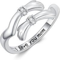 wholesale  Sterling Silver Solid Gold Diamond Hug Rings for Women Adjustable Hugging Hands Open Rings Mother s Day Friendship Gifts  -Style 3-I love you mom