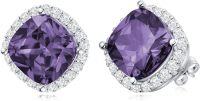 wholesale 925 Sterling Silver CZ Simulated Birthstone Sparkle Halo Square Stud Earrings-February Birthstone