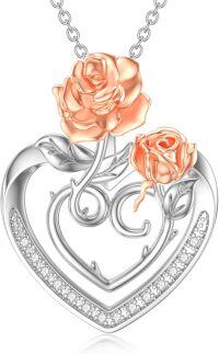 wholesale 925 Sterling Silver Double Rose Heart Pendant Necklace-Rose Flower