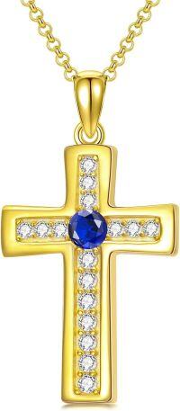 wholesale 925 Sterling Silver Gold Plated Cubic Zirconia Birthstone Cross Necklace-L.Blue-December-Blue Topaz